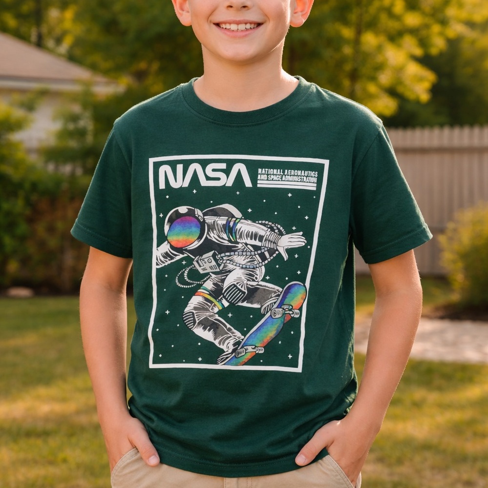 🚀 Boys NASA Graphic Tee | Size 14 | Green Astronaut Shirt